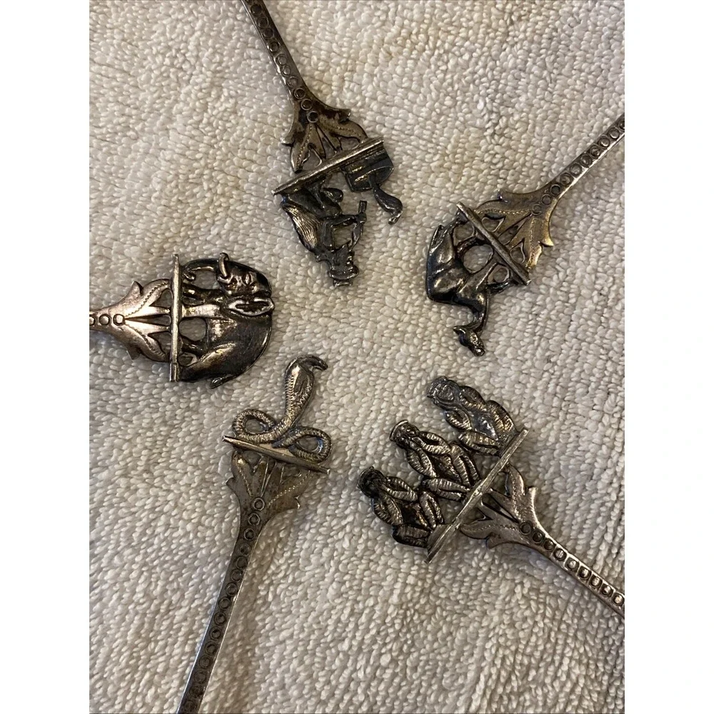 Set Of 5 Mini Spoons India Silver Camel Snake Charmer Monkeys Elephant Cobra